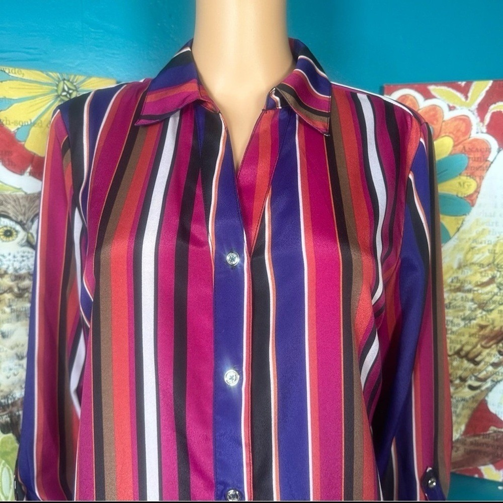 Anne Klein Blouse Retro Multicolor Striped Button Down Long Sleeve Workwear - Picture 3 of 10